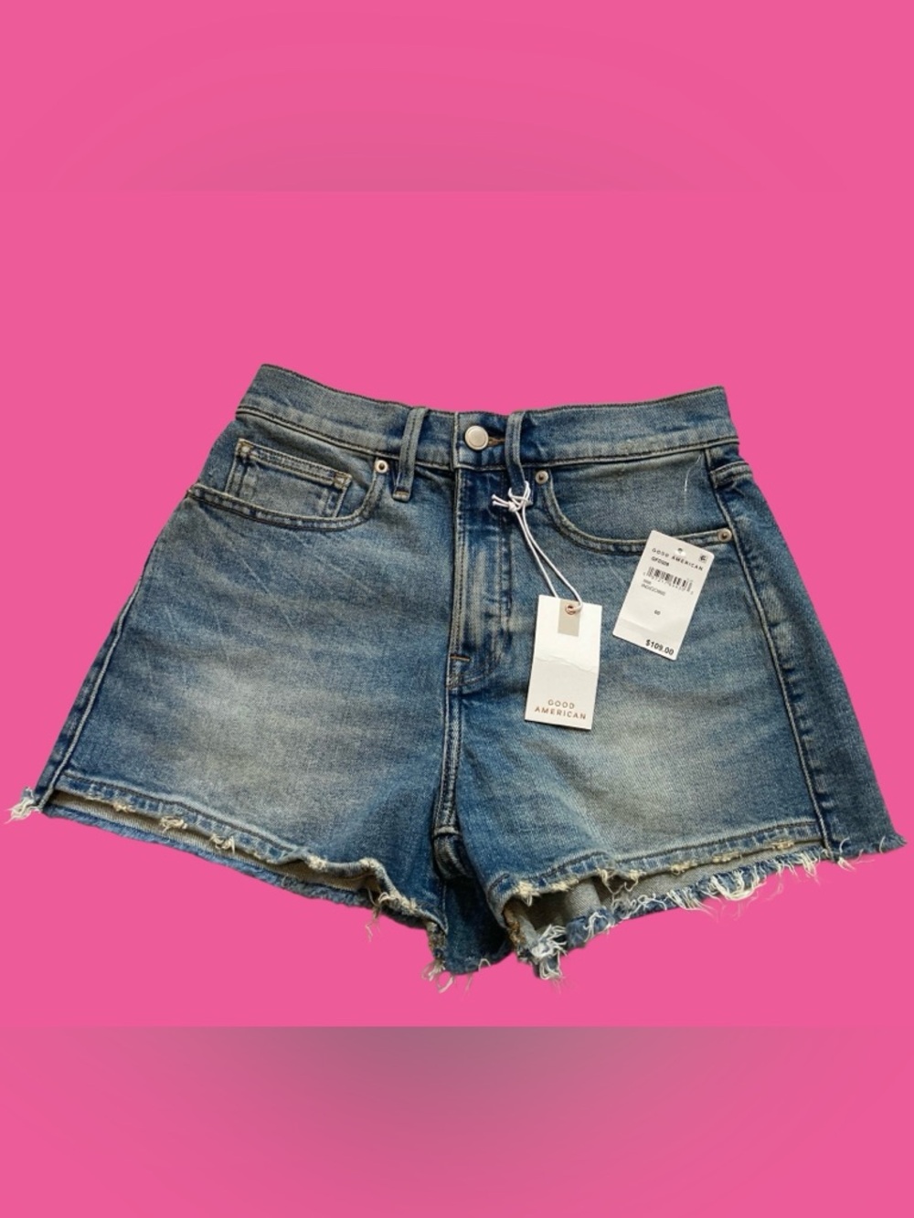 NWT Good American Good 90’s High Waisted Distressed Indigo Denim Shorts Size 00